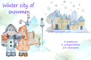 Watercolor Winter city of snowmen