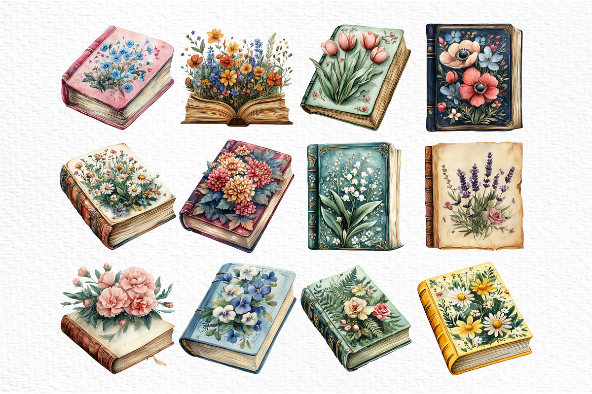 Watercolor Retro Floral Book Clipart, an Illustration by Craft Nest (Photo 5 of 6)