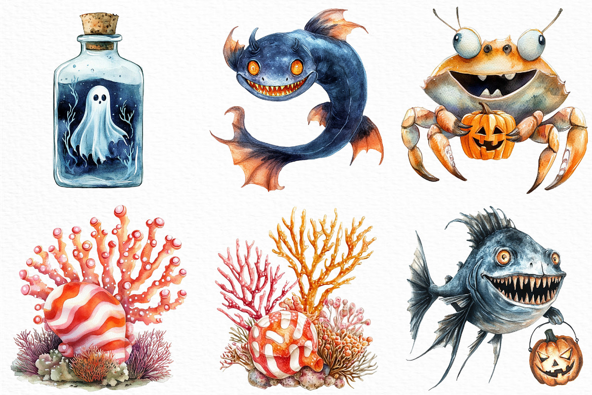Watercolor Halloween Undersea PNG, an Illustration by Craft Nest (Photo 2 of 6)