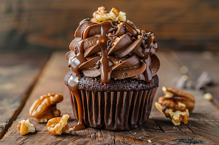 Chocolate cupcake with whipped cream and walnut on wooden table, a Food & Drink Photo by AlyaAnd