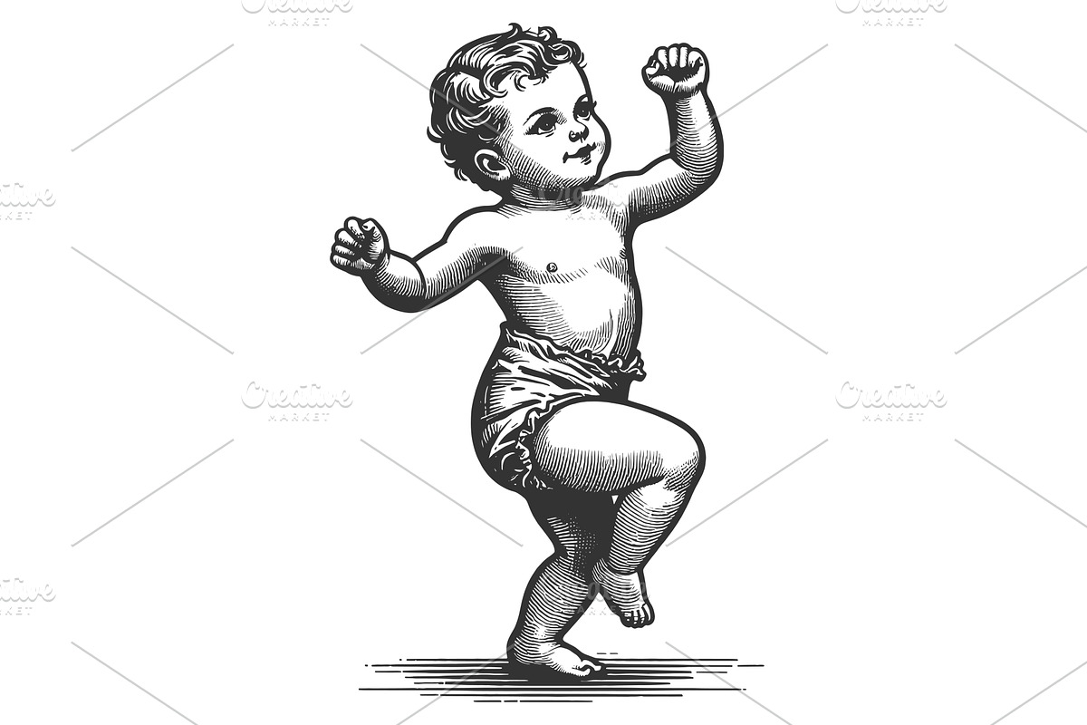 Joyful Baby Dancing engraving sketch, a Person Illustration by AlexArt