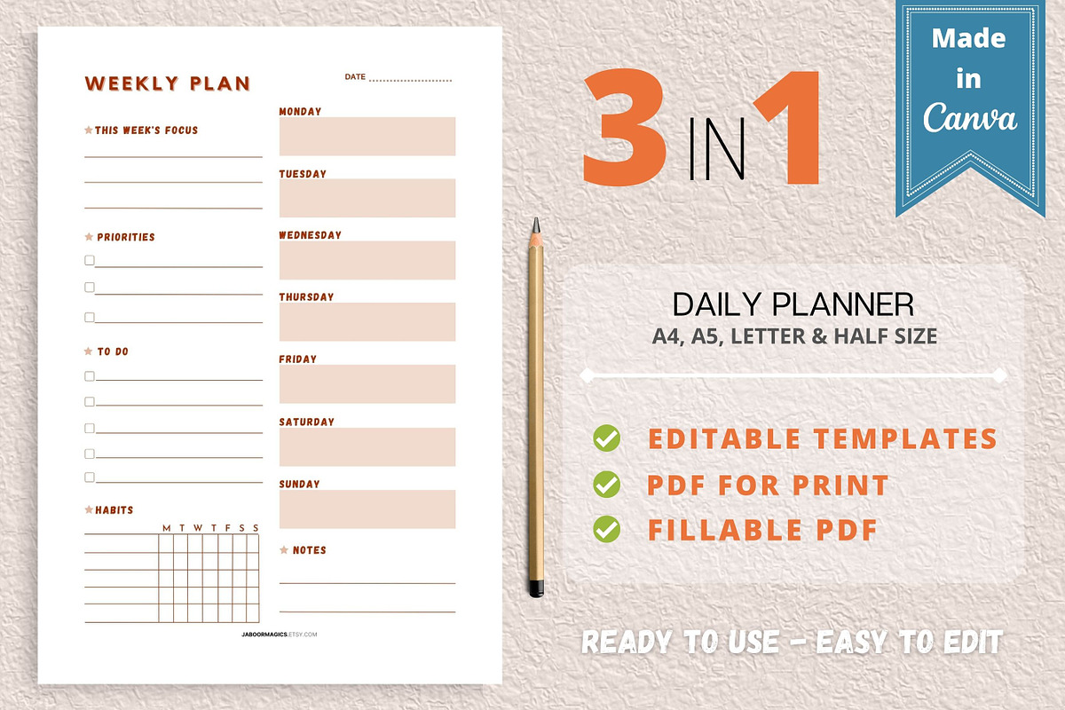 Weekly Planner Template, Canva, a Templates & Theme by Jaboor Magics (Photo 1 of 4)