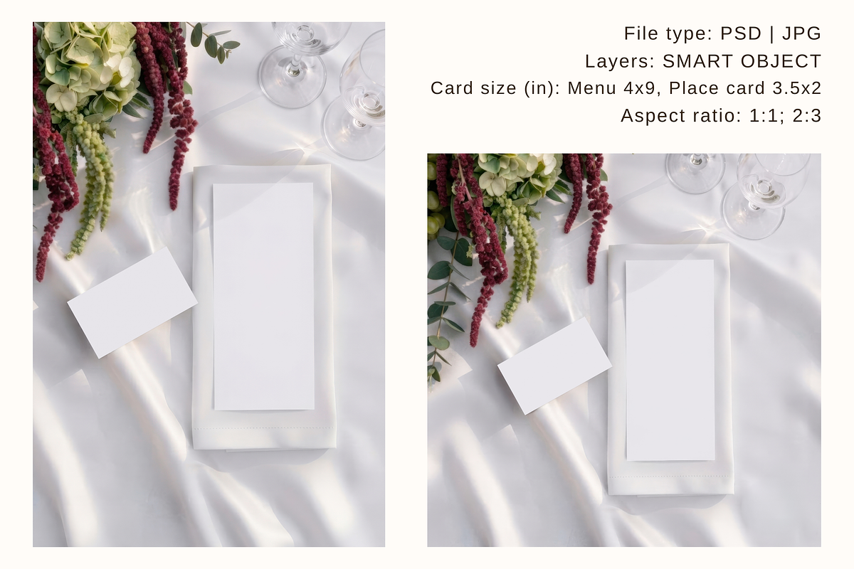 4x9 Menu & 3.5x2 Place Card Mockup, an Advertising Mockup by Serenefeeling (Photo 4 of 7)
