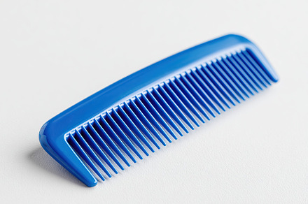 Straight blue plastic comb with even teeth placed on a light background for sty, a Beauty & Fashion Photo by AlyaAnd