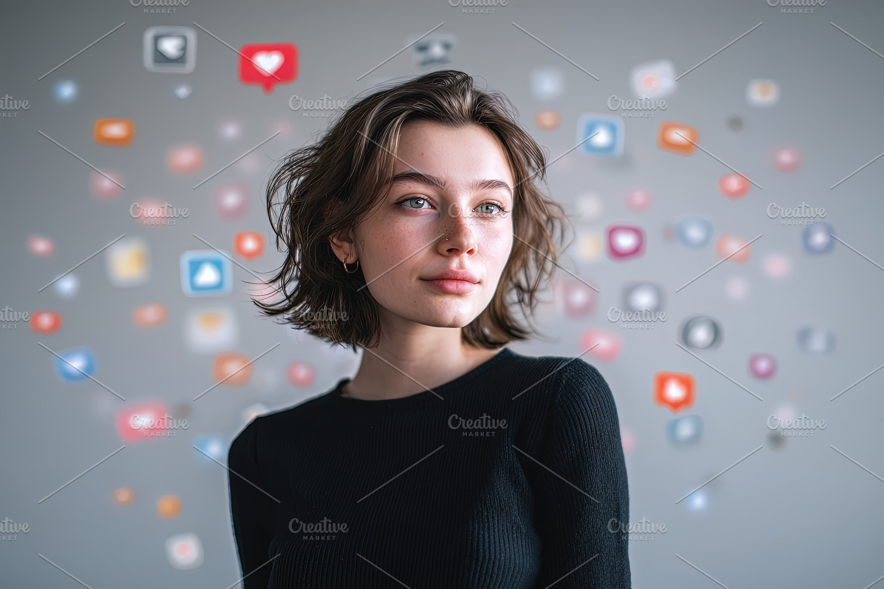Confident young woman stands in front of floating social media i, an Abstract Photo by Ales Munt