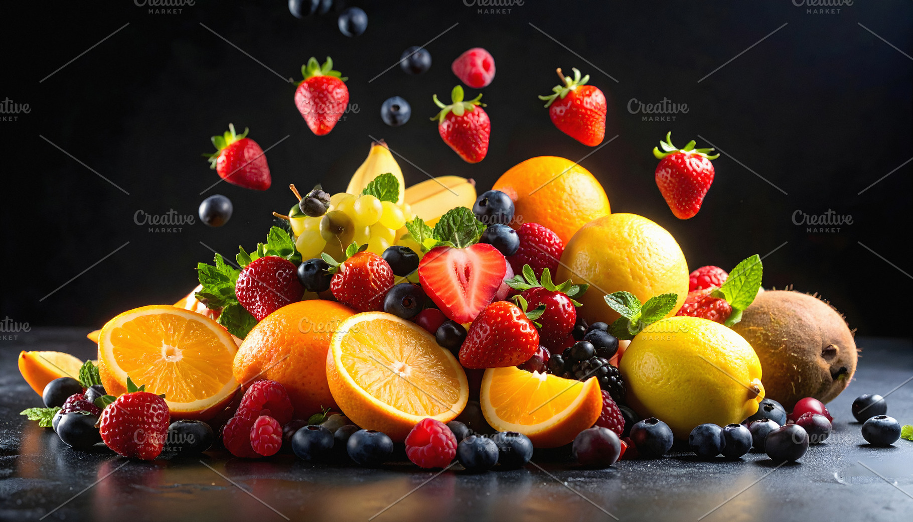 Fresh fruits suspended in black void with vibrant detail, a Nature Photo by GoodGoods
