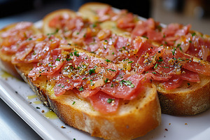 Delicious bruschetta topped with pro, a Photo by Tanuart