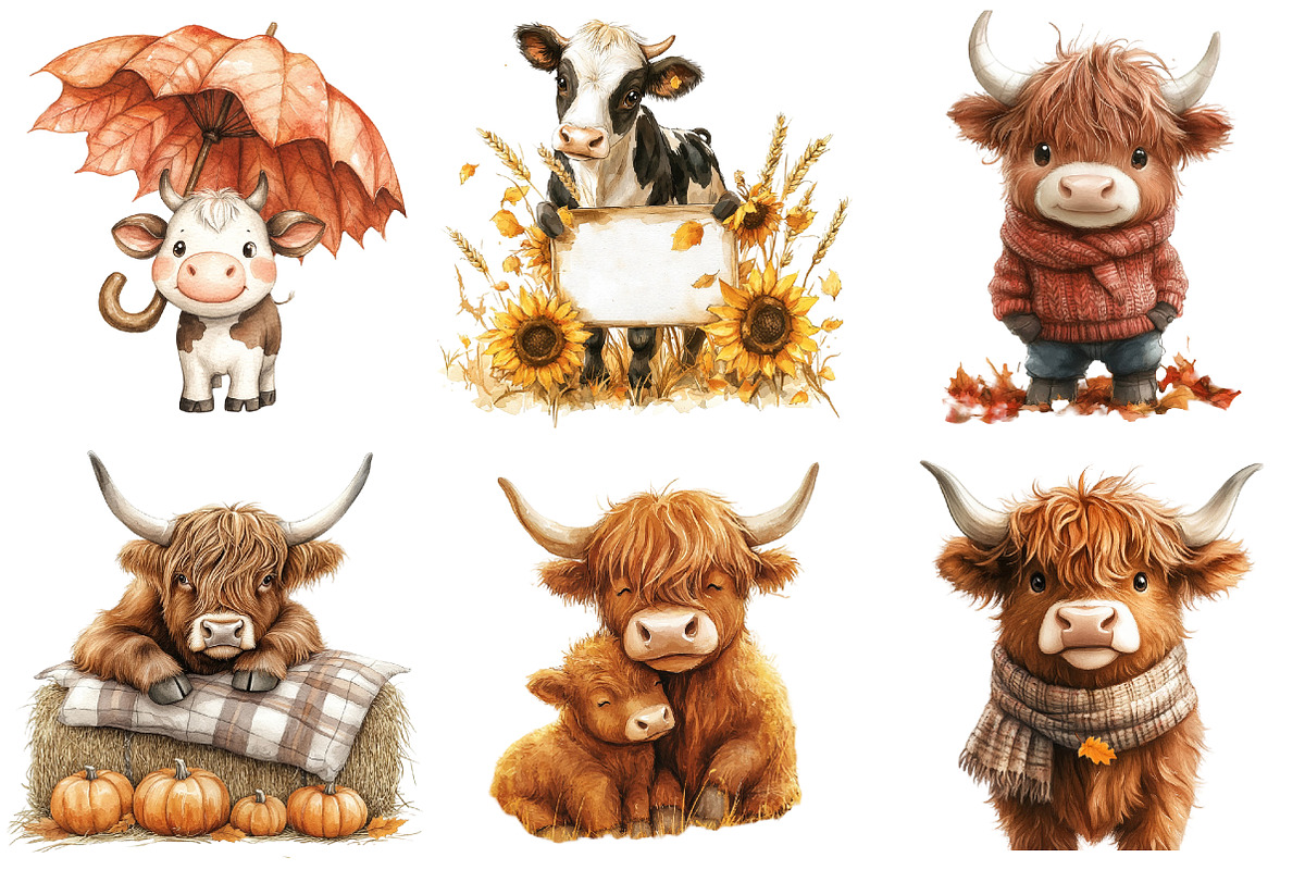 Watercolor Autumn Haighland Cow png, an Illustration by Watercolor design (Photo 3 of 4)