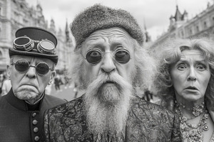 Three quirky elderly characters with surprised expressions pose on a vintage st, a Photo by AS photostudio
