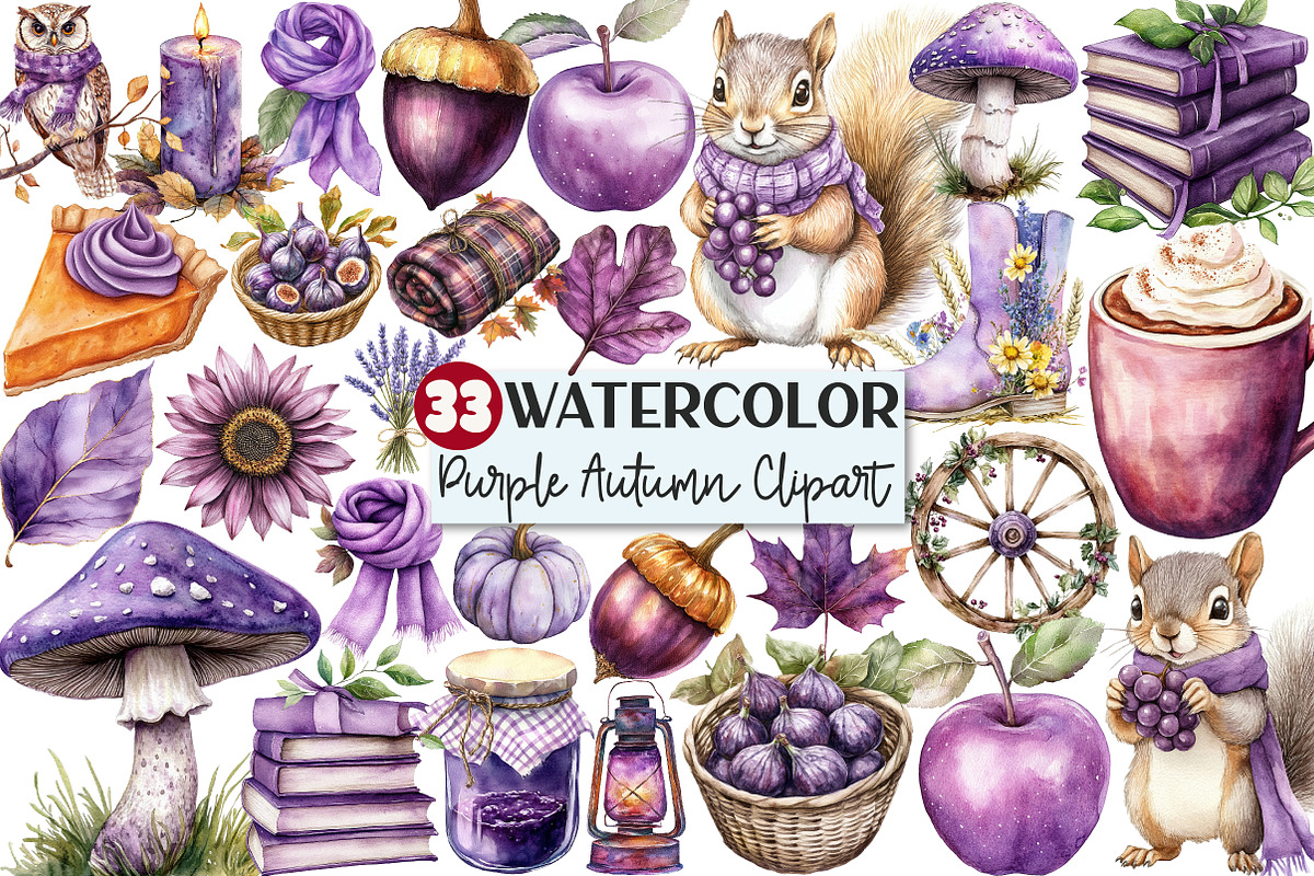 Watercolor Purple Autumn Clipart, an Illustration by Rose Art (Photo 1 of 7)