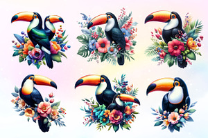 Watercolor Floral Toucans Clipart