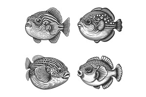 Puffer Fish engraving set vector, an Animal Illustration by AlexArt