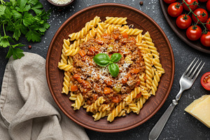 Fusilli pasta with Bolognese sauce,, a Food & Drink Photo by professorinc