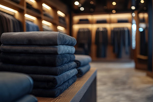 A stylish display of neatly folded dark jeans in a modern clothing store, showc, a Background Photo by ImageMir