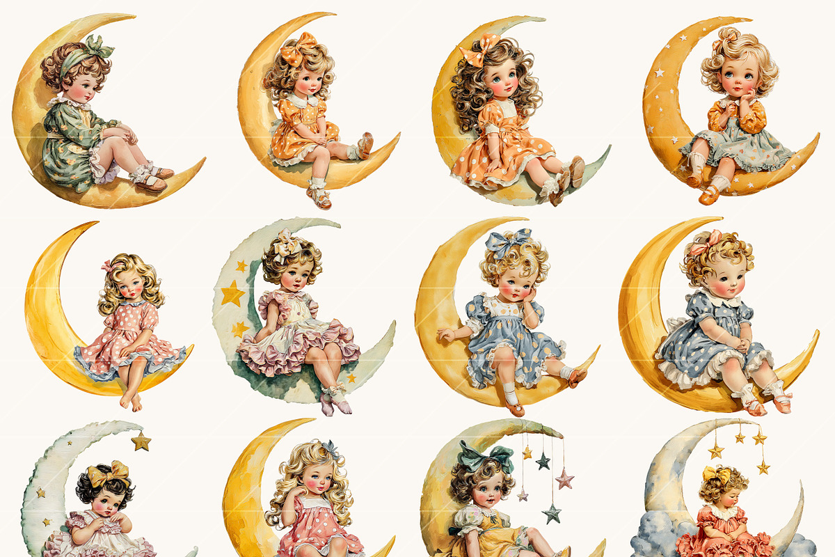 Vintage Girls on the Moon Clipart, a Person Illustration by BusyDaydesign (Photo 4 of 9)
