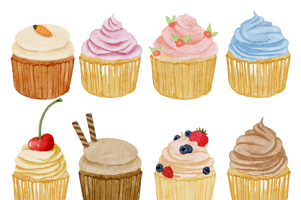 Watercolor Cupcake Clipart PNG, a Food Illustration by Old Grove Designs (Photo 2 of 3)
