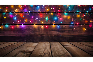 dark wood with lights background ai, a Holiday Photo by pikepicture