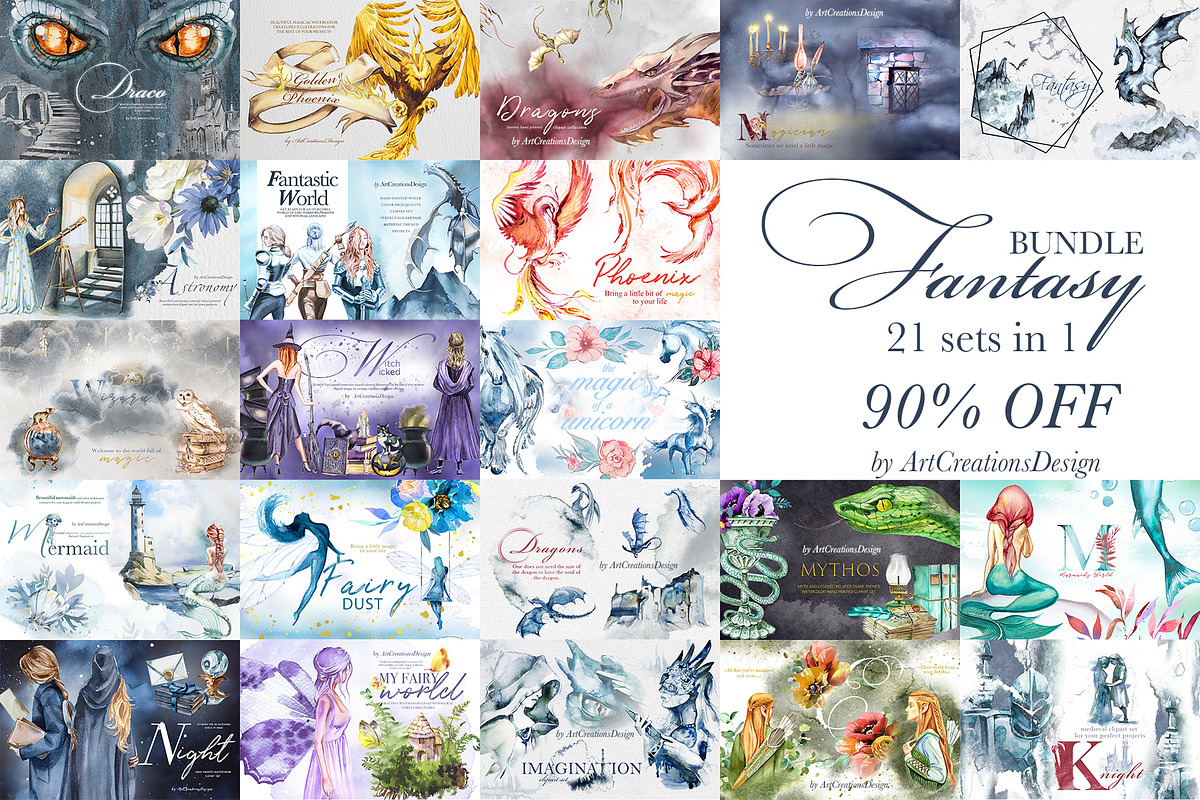 Watercolor Fantasy Clipart Bundle, a Person Illustration by ArtCreationsDesign (Photo 1 of 22)