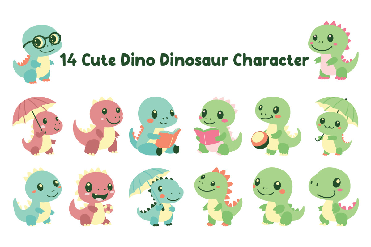 14 Cute Dino Dinosaur Character, an Animal Illustration by jongcreative (Photo 1 of 7)