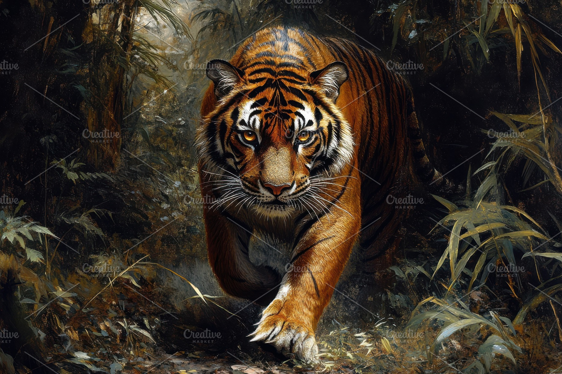 Majestic Tiger Stalking Jungle Path, an Animal Photo by Pixeness Studio