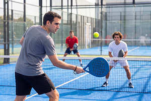 Action shot of young male padel players in full match on outdoor, a Sports & Recreation Photo by Volff