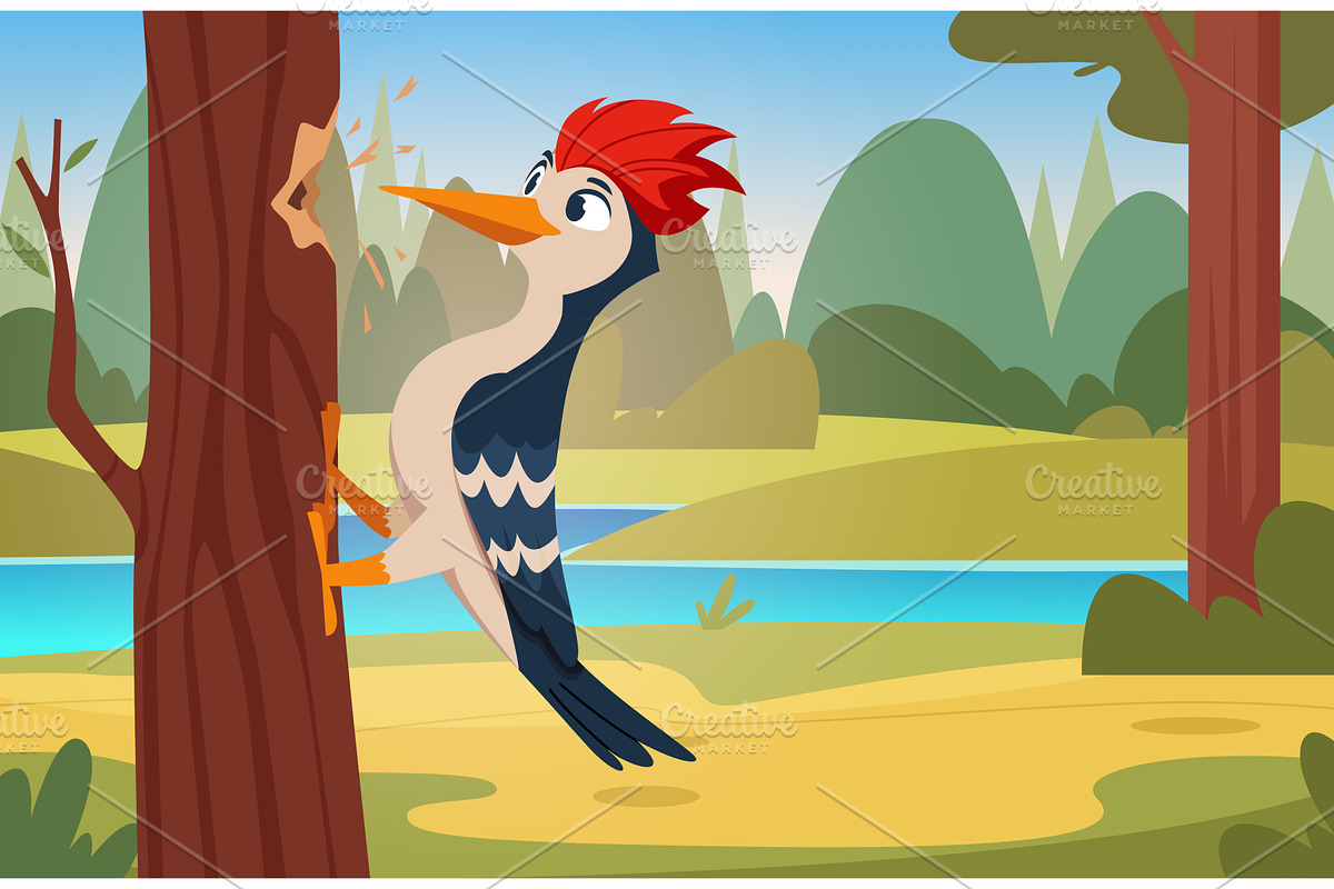 Woodpecker in forest. Flying cartoon, an Animal Illustration by Onyx