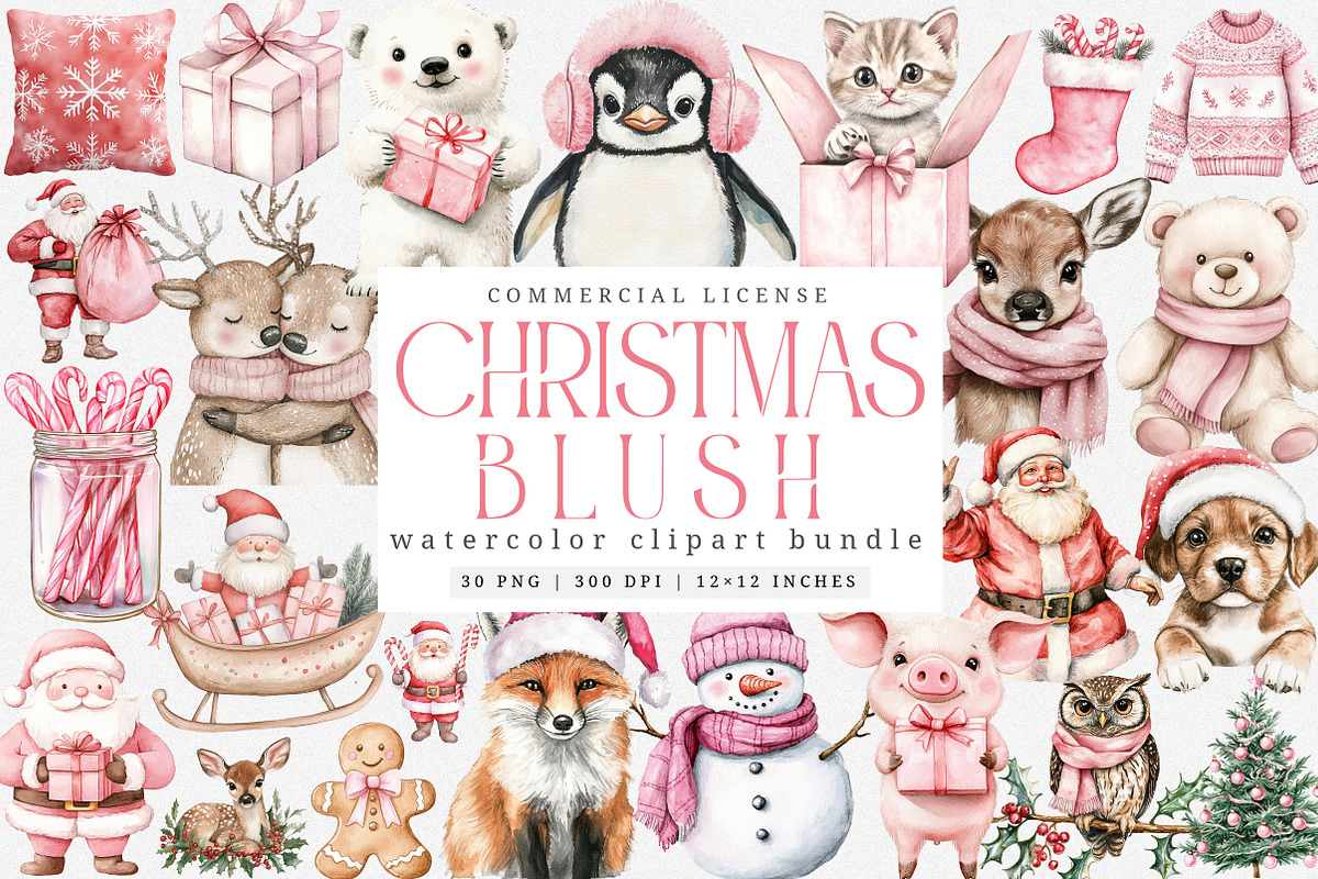 Watercolor Pink Christmas Clipart, an Illustration by SinaCreation (Photo 1 of 7)