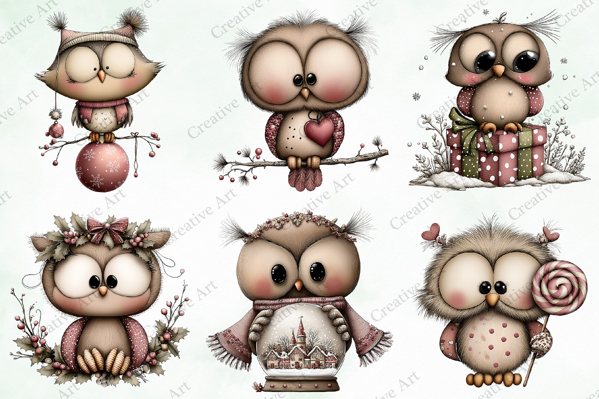 Watercolor Christmas Owls Clipart, an Illustration by Creative Art (Photo 3 of 10)