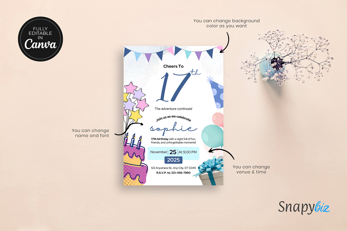 Editable 17th Birthday Invitation, an Invitation Template by Snapybiz (Photo 8 of 10)