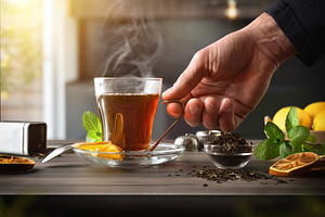 Person drinking cup of hot black tea on kitchen bench, a Food & Drink Photo by Davizro's Market