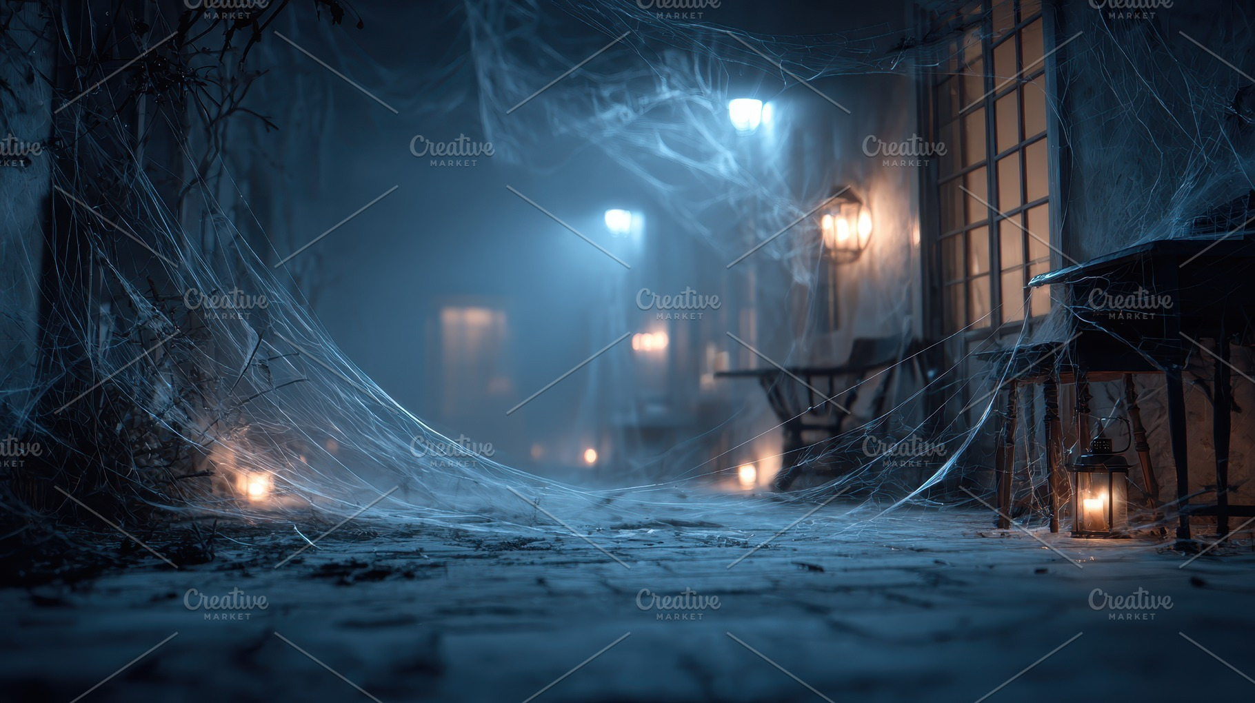Spooky cobweb alleyway night scene d, a Photo by Pixeness Studio