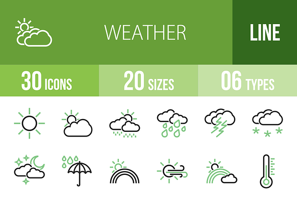 30 Weather Line Green Black Icons