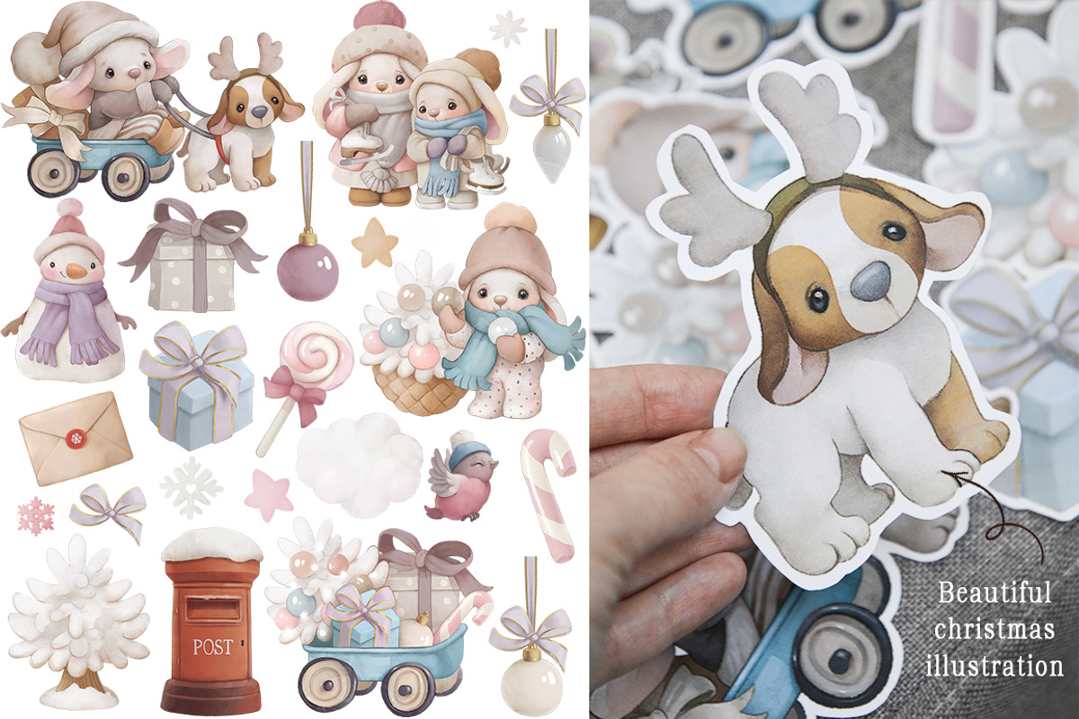 Watercolor Christmas baby rabbit Set, a Seasonal Illustration by TanyaSchuka (Photo 3 of 11)