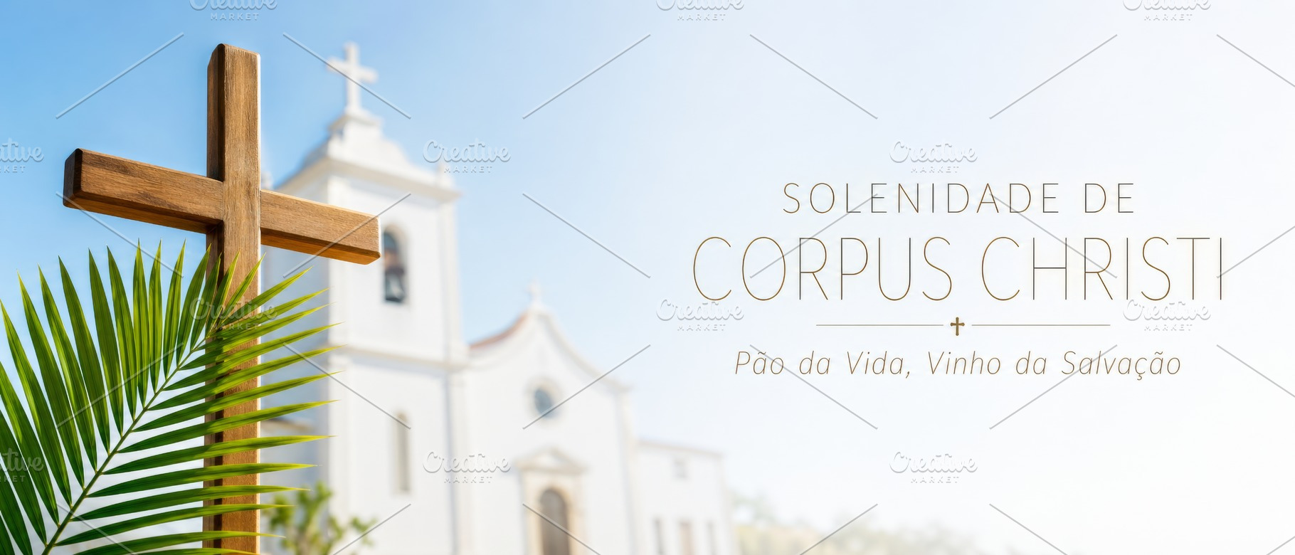 Corpus Christi solemnity banner with Portuguese text Pão da Vid, a Photo by Dvoevnore photos