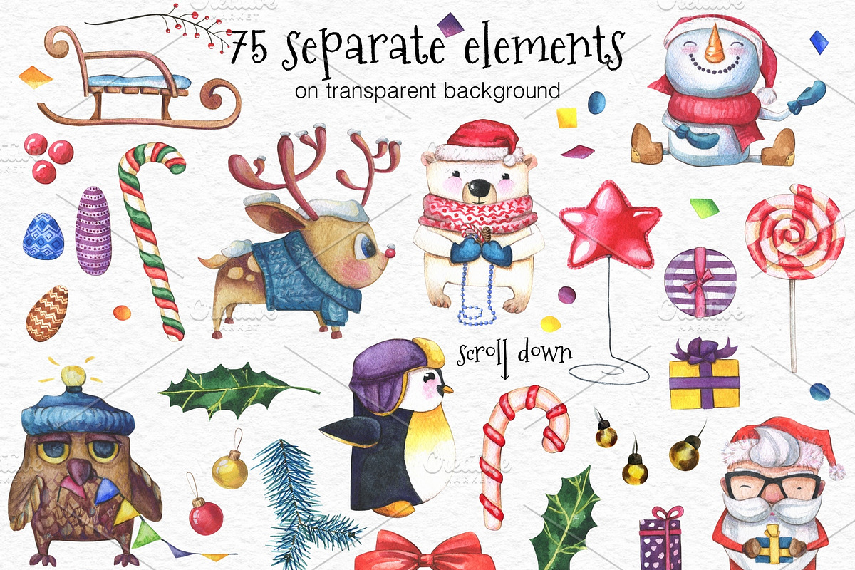 Watercolor Set CHRISTMAS FRIENDS, an Animal Illustration by Satika (Photo 2 of 9)