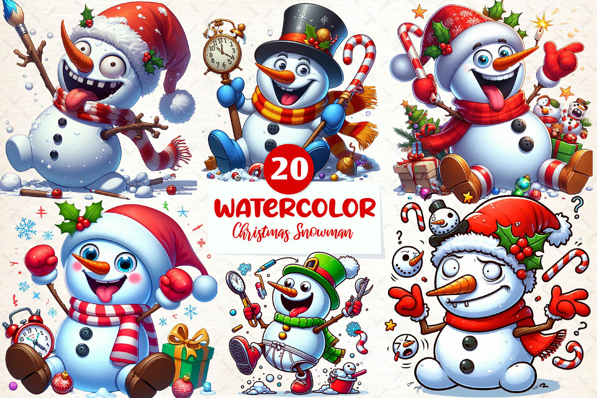 Watercolor funny Christmas Snowman C, an Illustration by CreationArt (Photo 1 of 5)