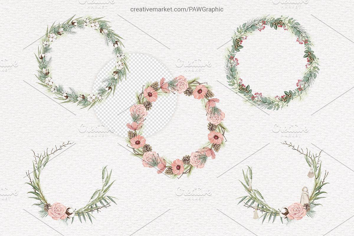 Christmas Boho Cards Bouquets Wreath, an Illustration by PawGraphic (Photo 2 of 10)