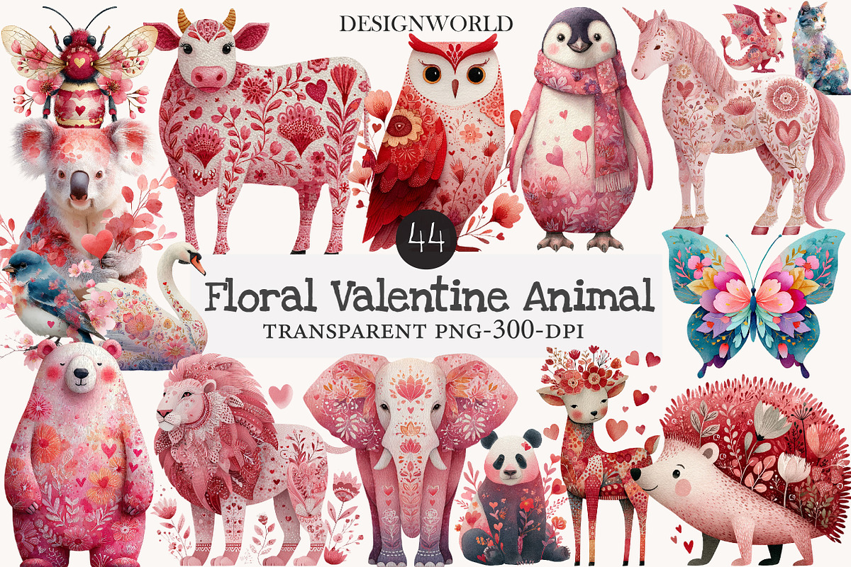 Floral Valentine Animal Clipart, an Illustration by Designworld (Photo 1 of 10)