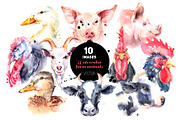 Watercolor Farm Animal Vector Set, an Animal Illustration by Elena Pimonova (Thumbnail 1 of 4)