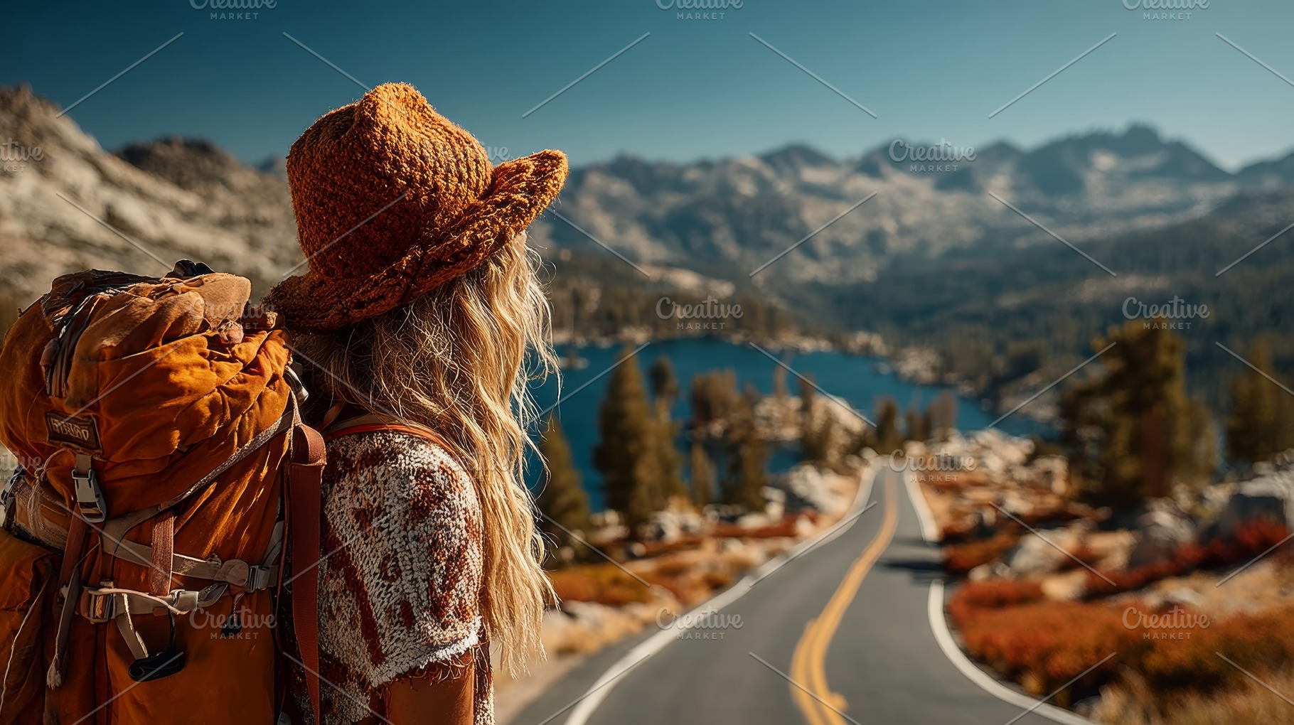 Hiker with orange backpack overlooking a winding road to a mountain lake landsc, a Photo by AS photostudio