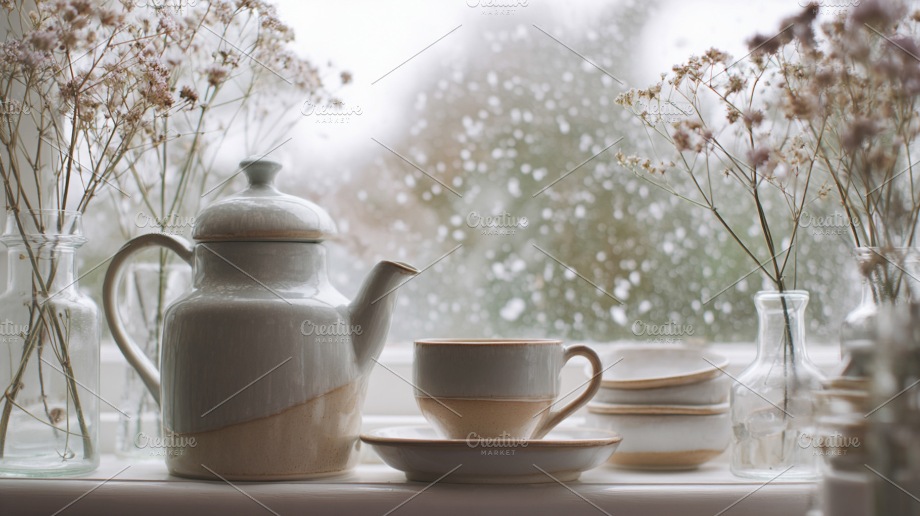 Teapot, cup, and dried flowers on a white windowsill, creating a, a Photo by Studio ANNA