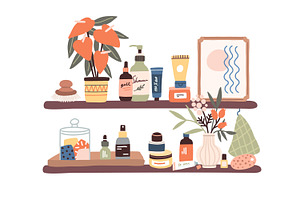 Cosmetics, beauty products on shelf, an Object Illustration by Good Studio