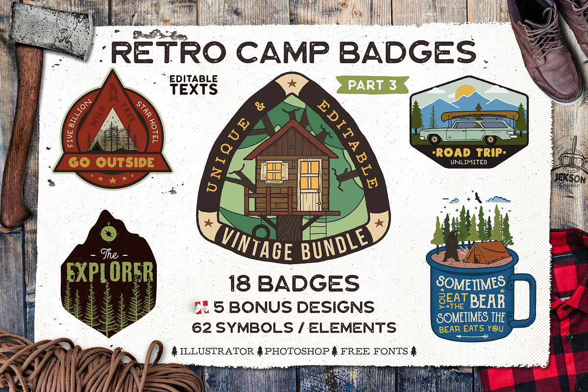 Retro Camp Road Trip Badge Kit, a Branding & Logo Template by JeksonGraphics (Photo 1 of 10)