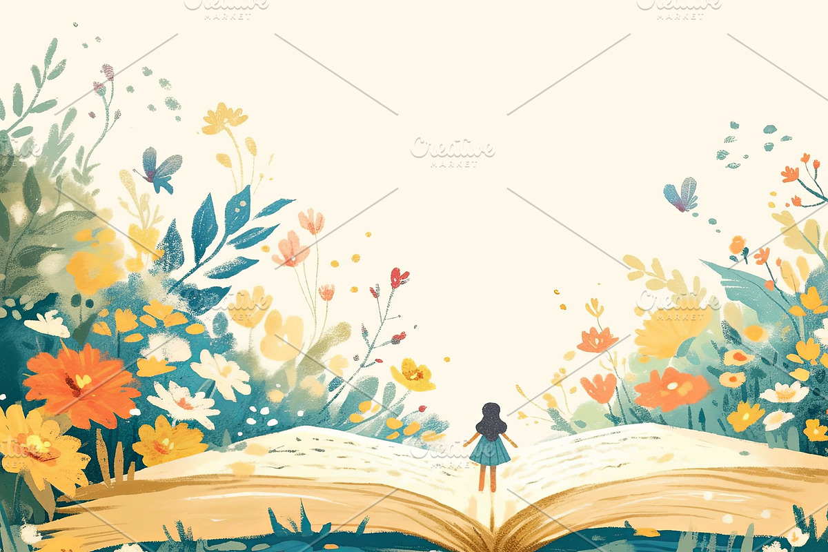 Imaginative journey of a girl exploring a whimsical book world, an Illustration by AS photostudio