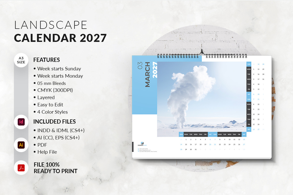 A3 Landscape Calendar 2027 Template, a Stationery Template by MstArtwork (Photo 2 of 5)
