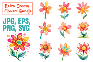Retro Groovy Flowers Bundle, an Illustration by Amazin_art
