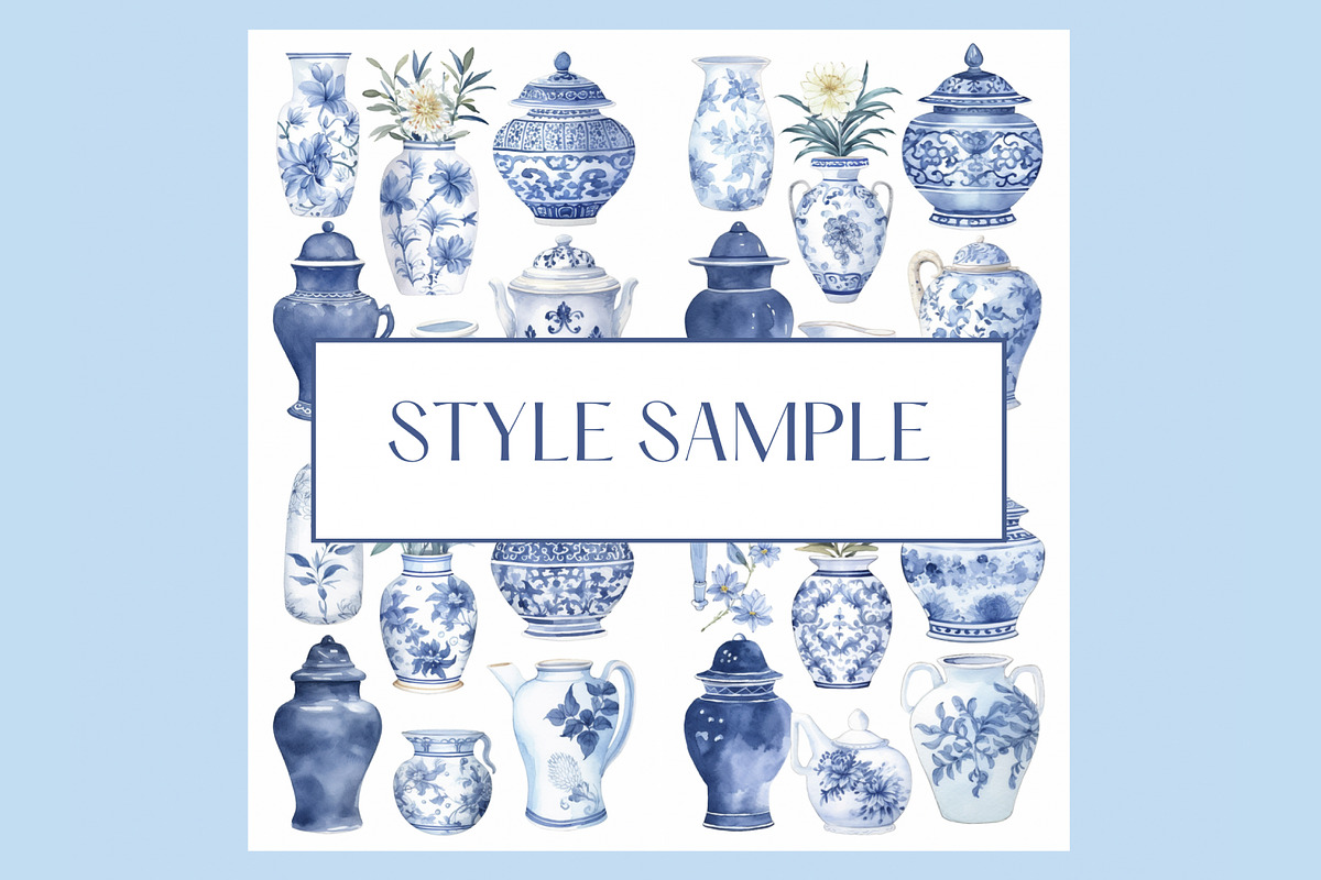 Watercolor chinoiserie vases clipart, a Decorative Illustration by clipartconnection (Photo 3 of 3)
