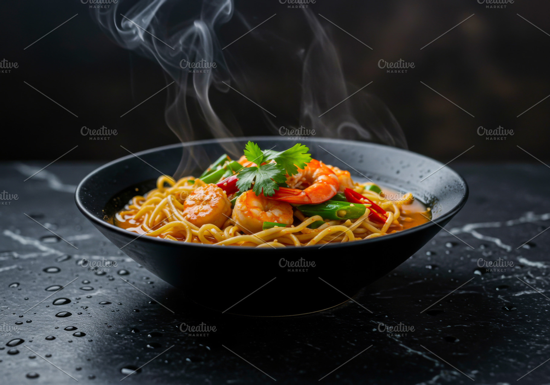 Steaming shrimp noodle soup with chi, a Food & Drink Photo by professorinc