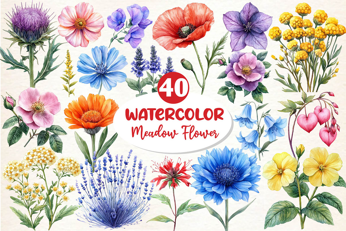 Watercolor Wildflowers Clipart, an Illustration by Dream Creation (Photo 1 of 5)