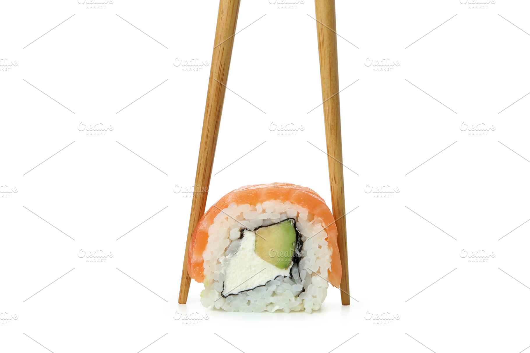 Chopsticks with roll isolated on white background, a Food & Drink Photo by AtlasStudio PRO